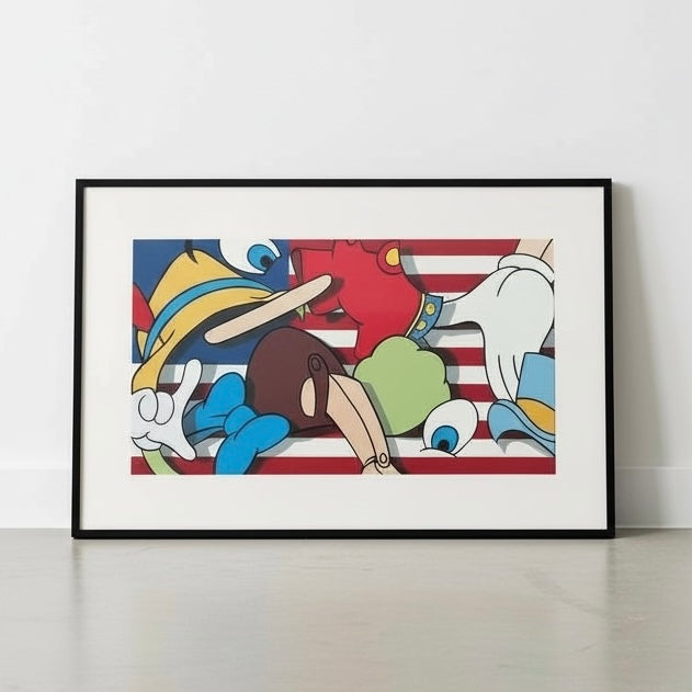 Framed Pinocchio Pop Art against American Flag, Fine Art Print Politics As Usual by Stimuleye
