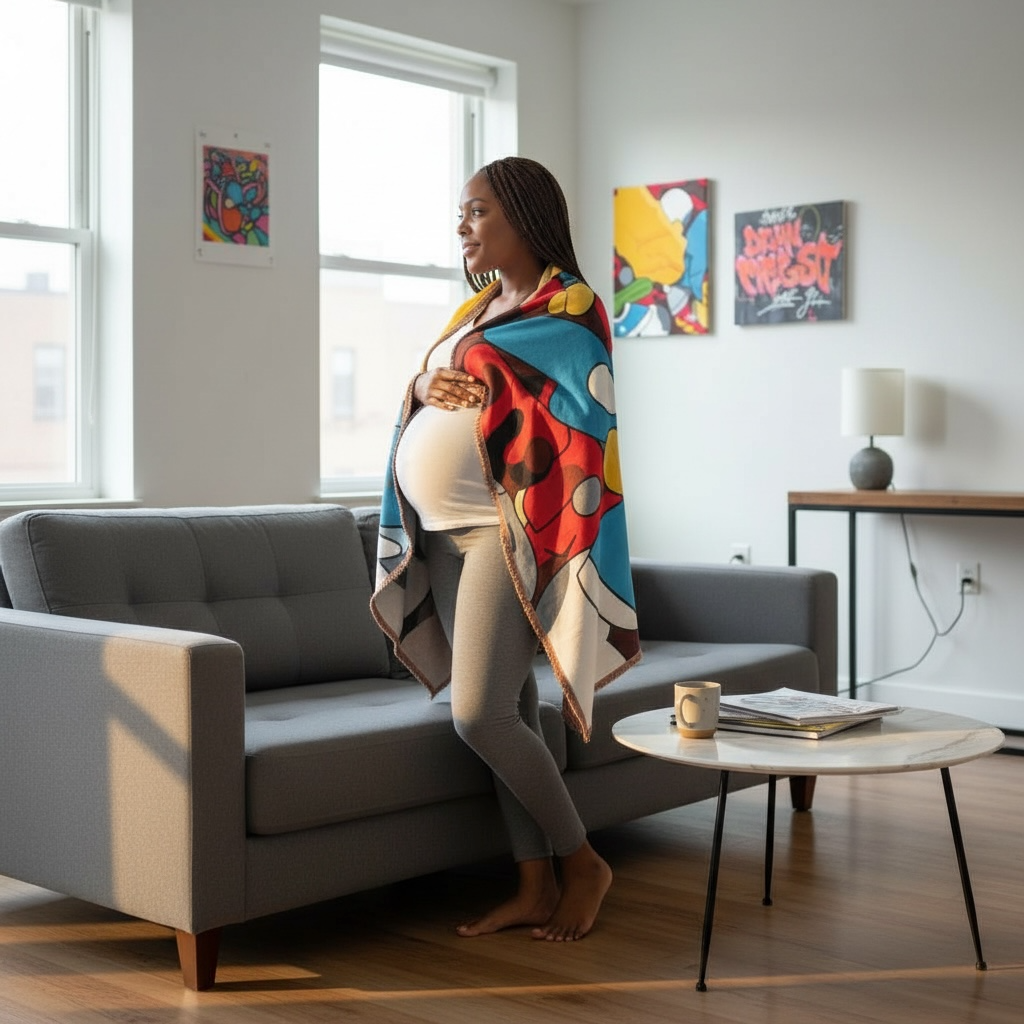 Woman standing in a modern living room with colorful decor drapped in colorful Bart Throw Blanket featuring artwork by Stimuleye