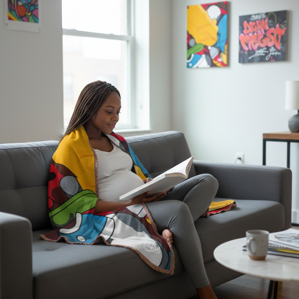 Woman sitting on a couch reading a book with a modern pop art blanket draped over her, in a room with artwork on the walls.
