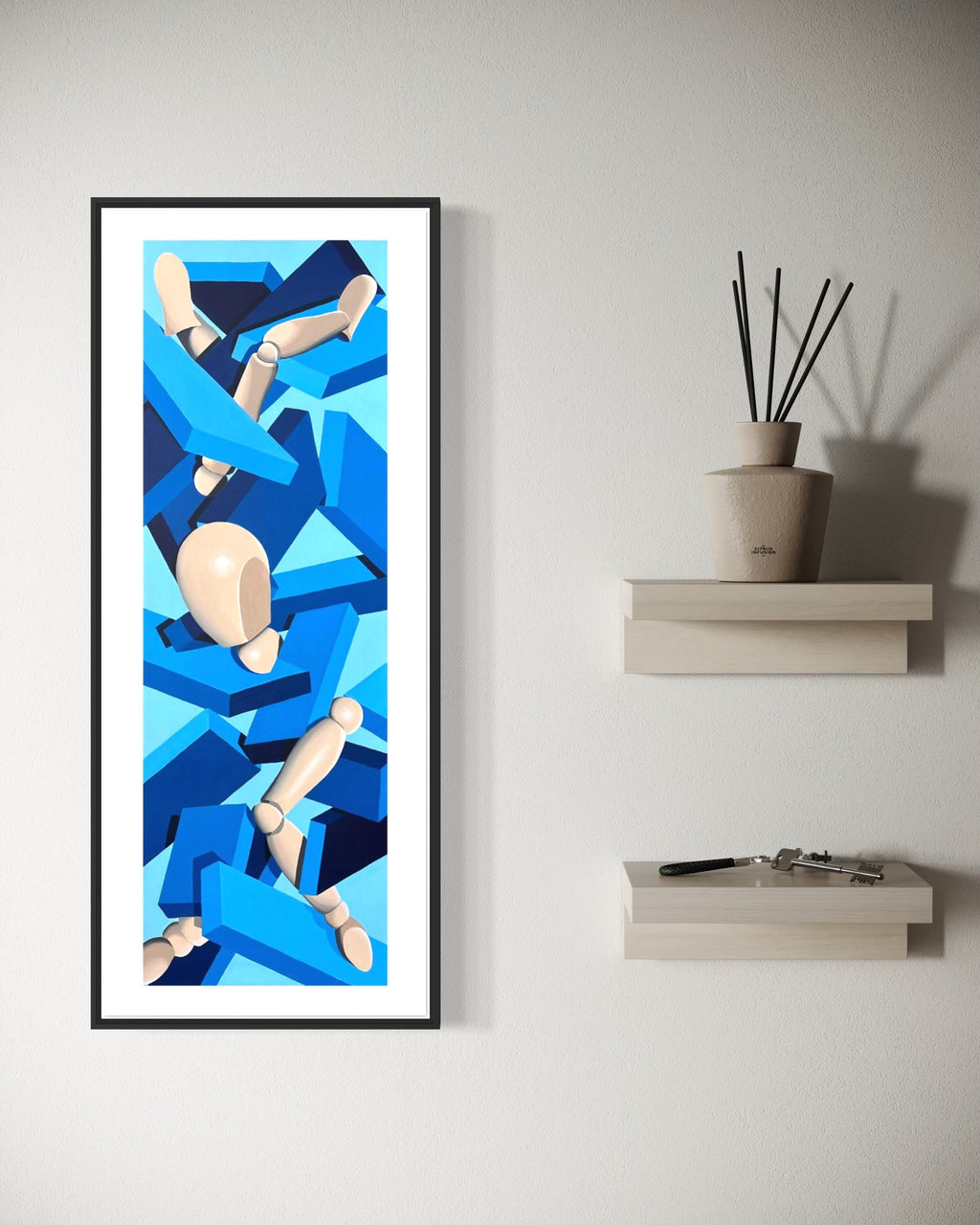 Photo of a surreal acrylic painting of a deconstructed wooden mannequin falling through abstract blue geometric shapes, symbolizing fragmentation and identity – home decor setting