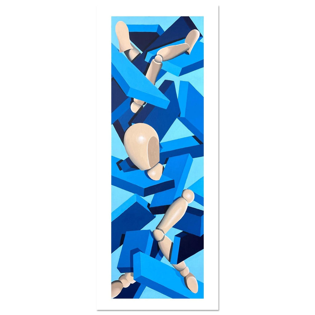 A surreal acrylic painting of a deconstructed wooden mannequin falling through abstract blue geometric shapes, symbolizing fragmentation and identity.