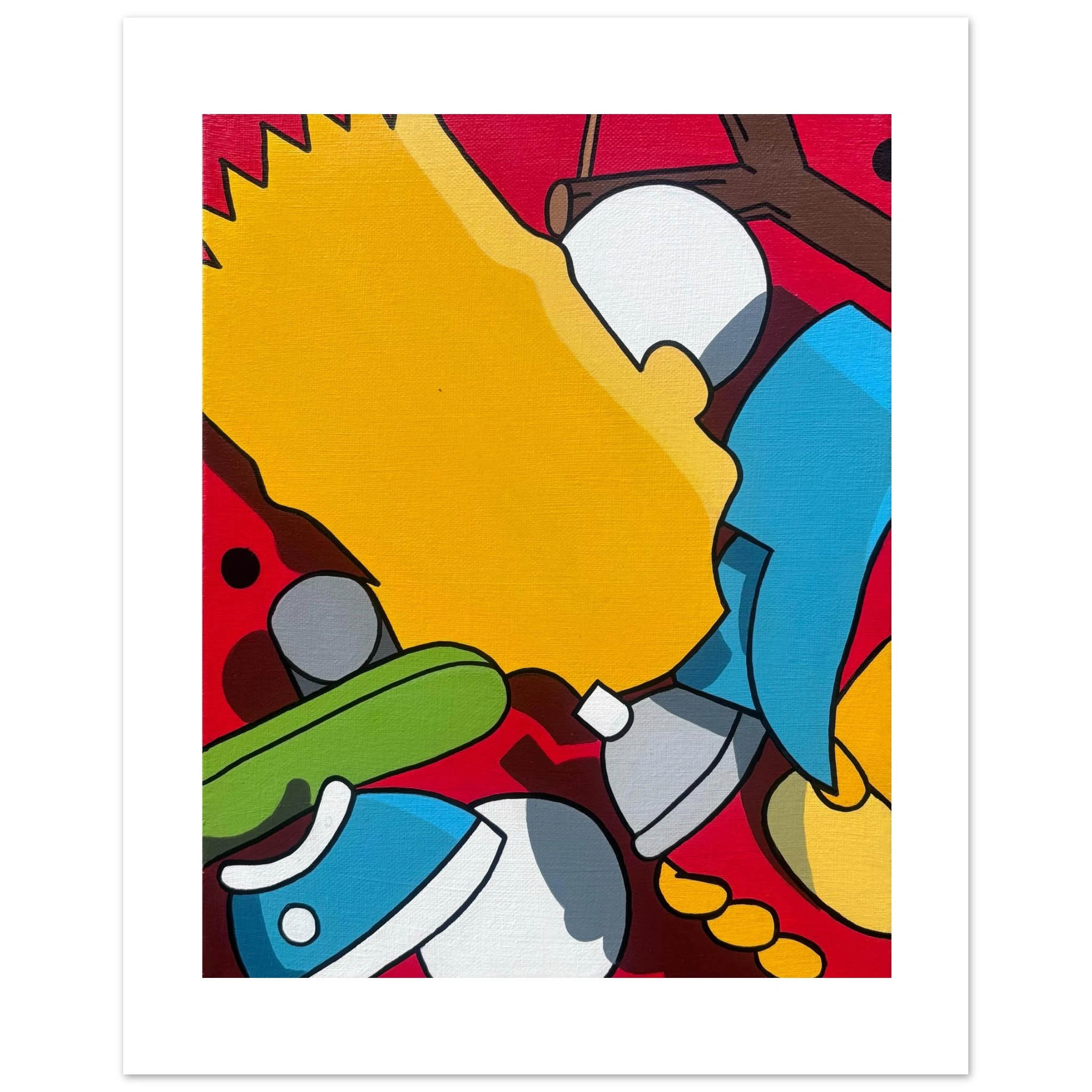 Acrylic pop art painting of a deconstructed Bart Simpson, showing fragmented shapes in yellow, red, blue, green, and brown. Contemporary cartoon abstraction by Stimuleye from the Stimsons Collection.