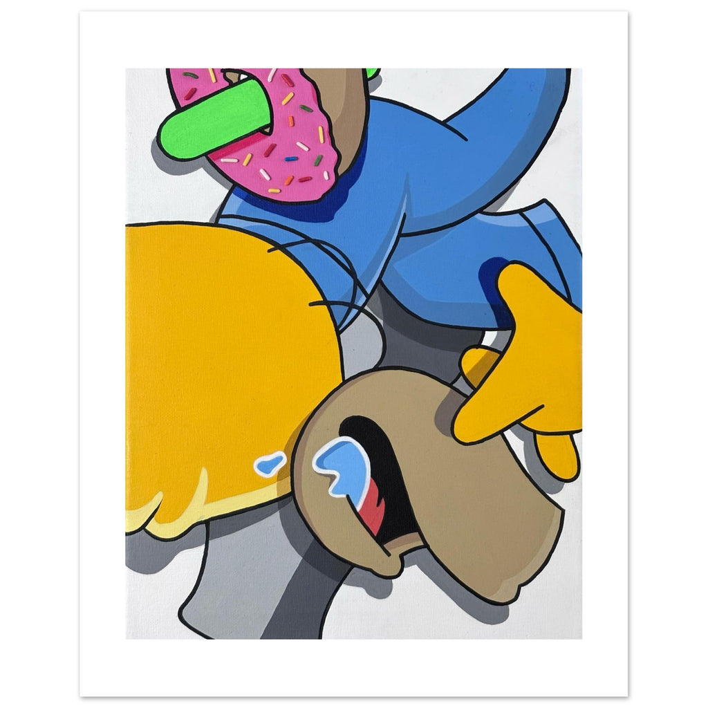 Deconstructed Homer Simpson featuring bold outlines, a pink sprinkled donut, and abstract shapes in yellow, blue, and tan tones from the Stimsons Collection by Stimuleye.