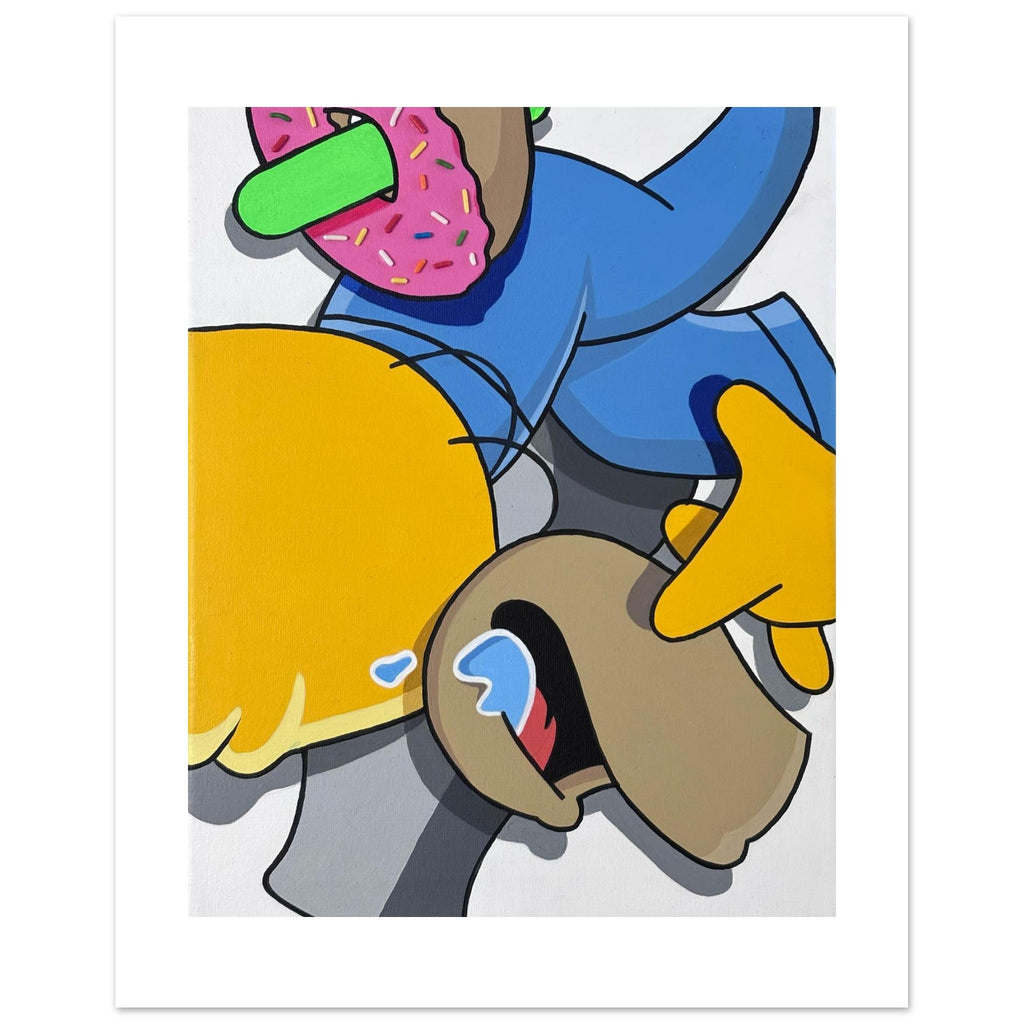Deconstructed pop art painting of Homer Simpson featuring bold outlines, a pink sprinkled donut, and abstract shapes in yellow, blue, and tan tones from the Stimsons Collection by Stimuleye.