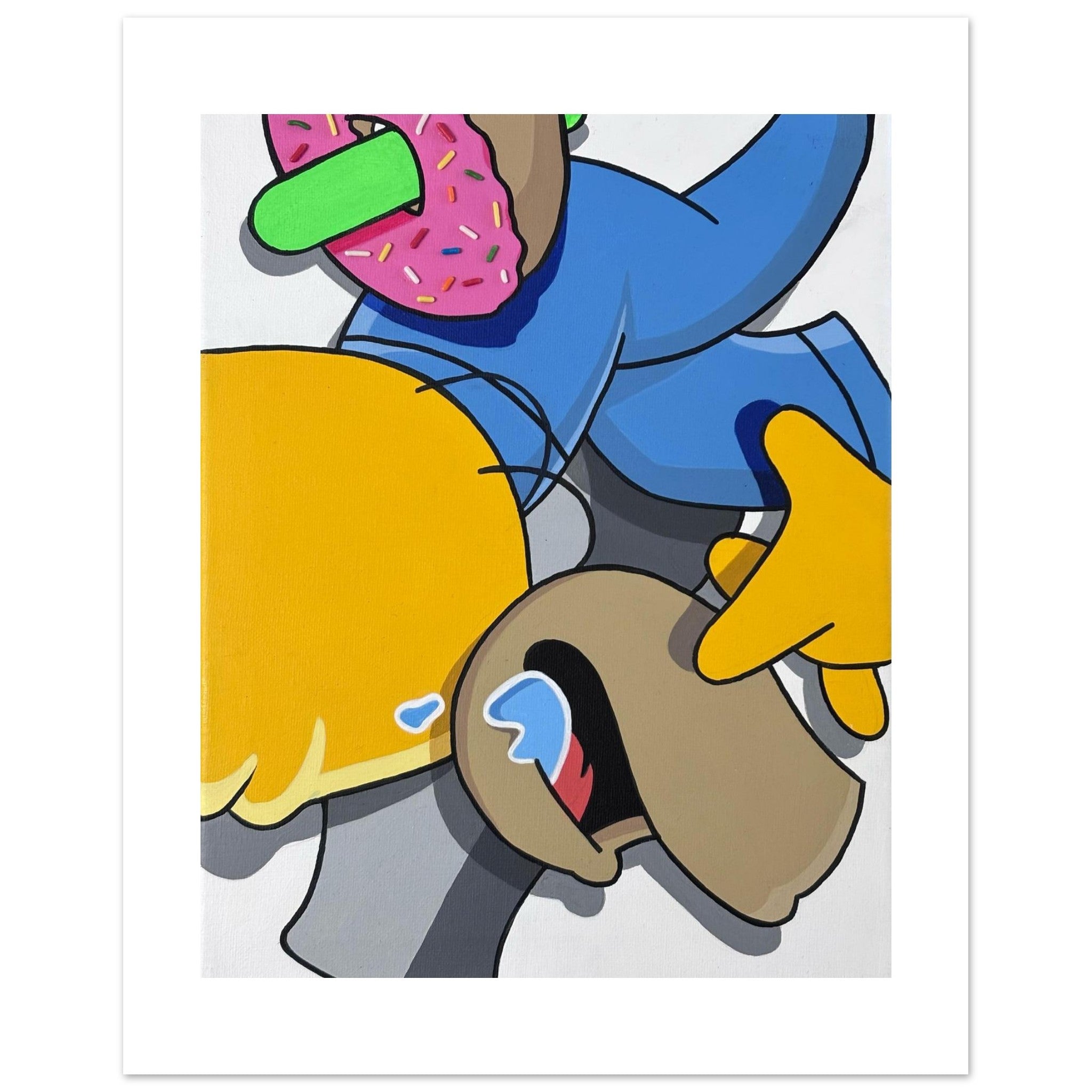 Deconstructed pop art painting of Homer Simpson featuring bold outlines, a pink sprinkled donut, and abstract shapes in yellow, blue, and tan tones from the Stimsons Collection by Stimuleye.