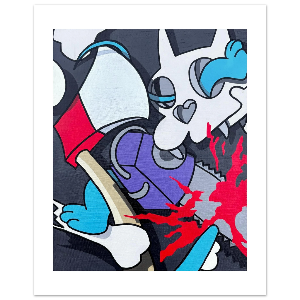 Acrylic pop art painting of the cartoon duo Itchy and Scratchy, broken into bold, abstracted shapes with vivid color contrast. Modern deconstruction of The Simpsons’ iconic characters by Stimuleye from the Stimsons Collection.