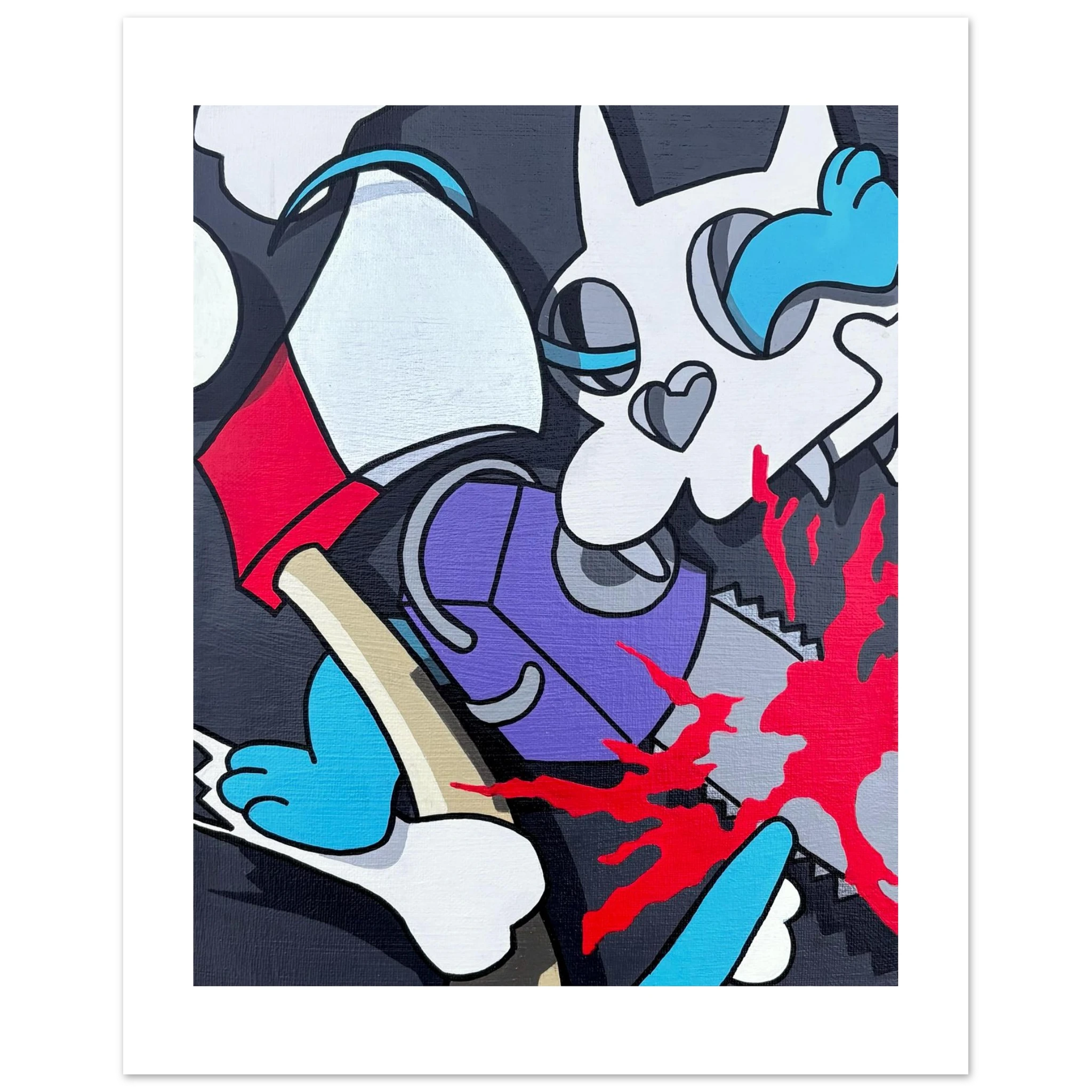 Acrylic pop art painting of the cartoon duo Itchy and Scratchy, broken into bold, abstracted shapes with vivid color contrast. Modern deconstruction of The Simpsons’ iconic characters by Stimuleye from the Stimsons Collection.