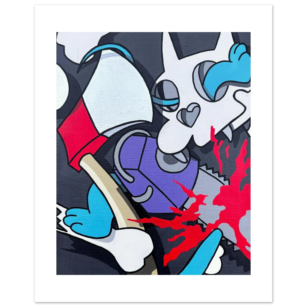 Acrylic pop art painting of the cartoon duo Itchy and Scratchy, broken into bold, abstracted shapes with vivid color contrast. Modern deconstruction of The Simpsons’ iconic characters by Stimuleye from the Stimsons Collection.