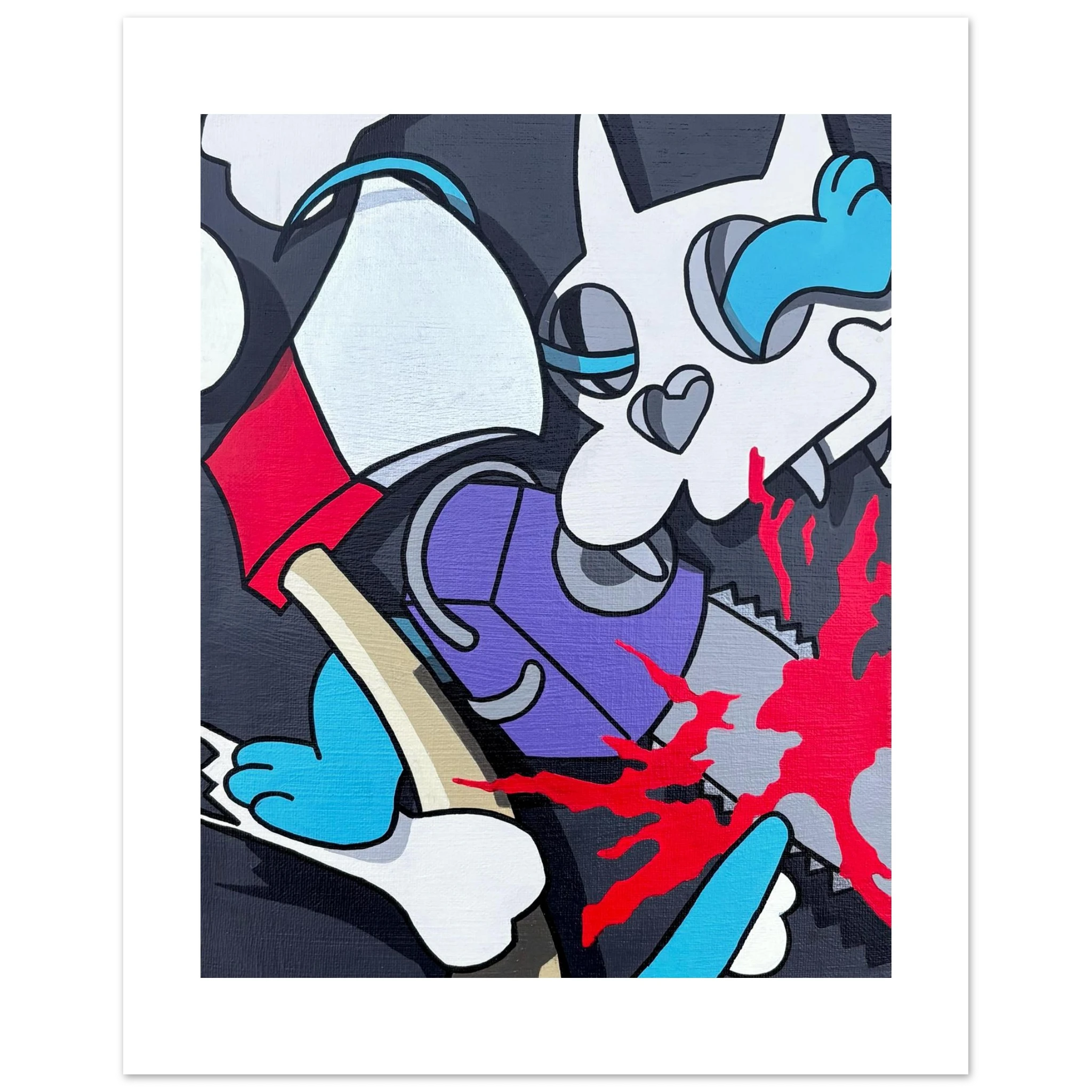 Acrylic pop art painting of the cartoon duo Itchy and Scratchy, broken into bold, abstracted shapes with vivid color contrast. Modern deconstruction of The Simpsons’ iconic characters by Stimuleye from the Stimsons Collection.