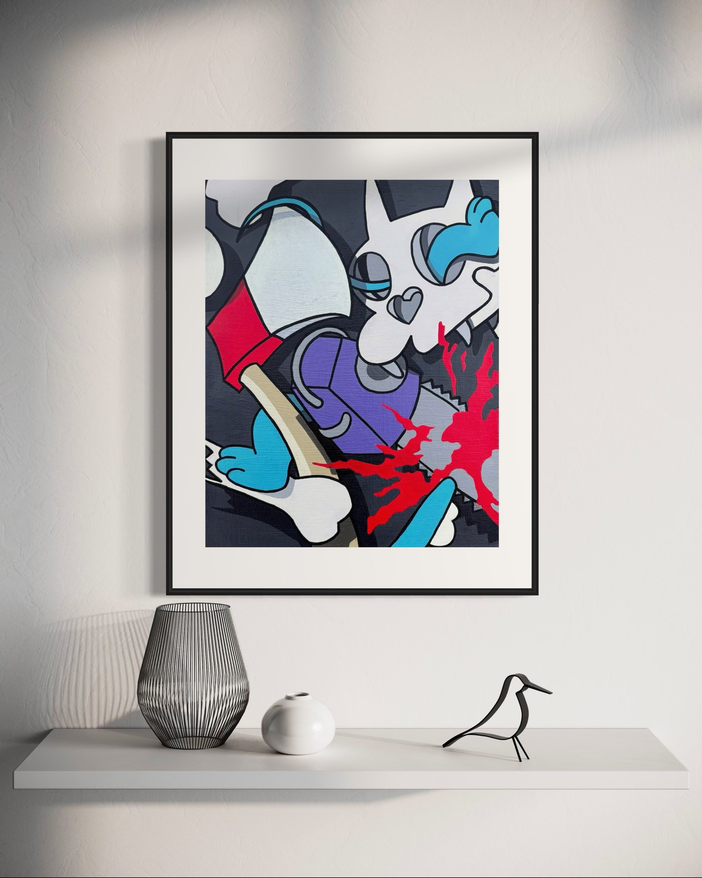Home decor mockup of acrylic pop art painting of the cartoon duo Itchy and Scratchy, broken into bold, abstracted shapes with vivid color contrast. Modern deconstruction of The Simpsons’ iconic characters by Stimuleye from the Stimsons Collection.
