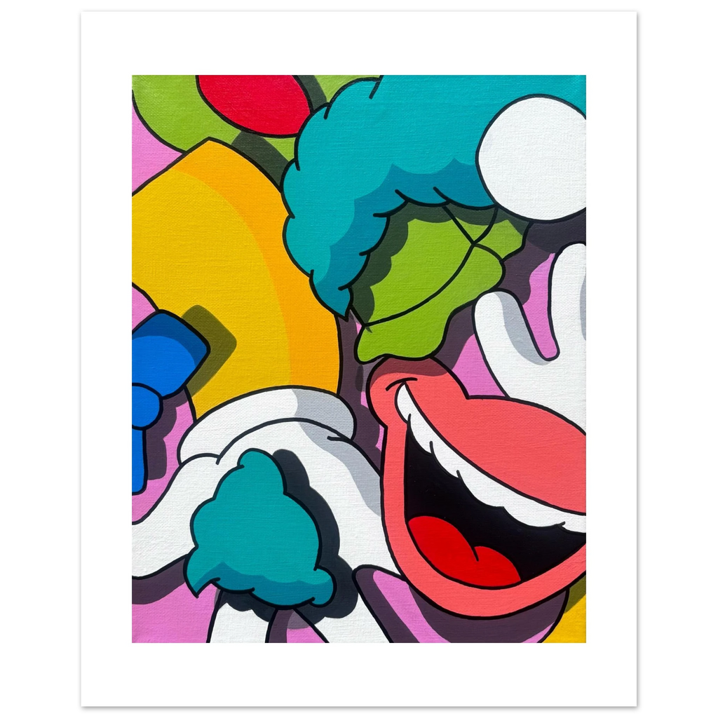 Acrylic pop art painting of Krusty the Clown reimagined in deconstructed form, featuring bold colors, abstract cartoon fragments, and expressive shapes. Contemporary Simpsons-inspired artwork by Stimuleye from the Stimsons Collection.