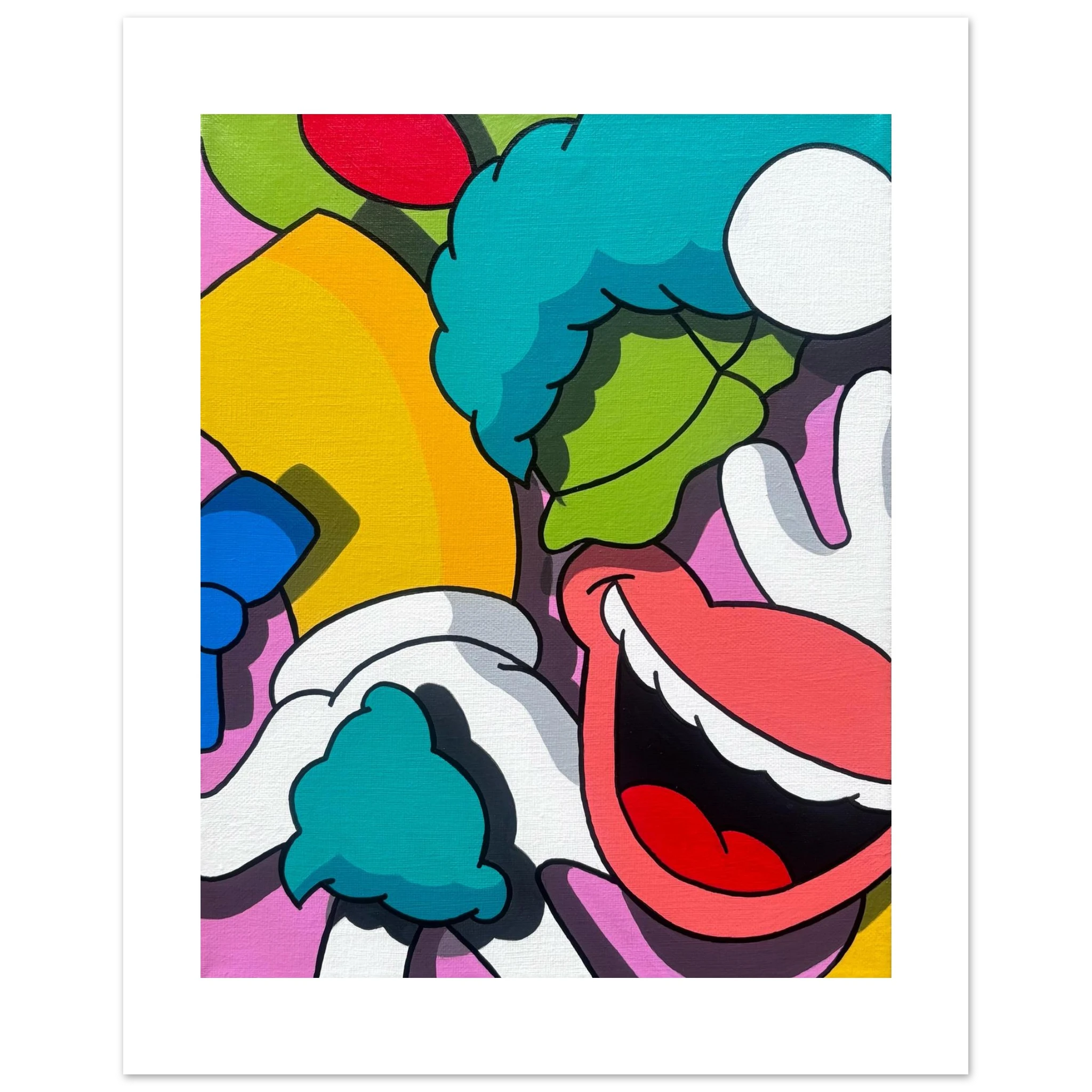 Acrylic pop art painting of Krusty the Clown reimagined in deconstructed form, featuring bold colors, abstract cartoon fragments, and expressive shapes. Contemporary Simpsons-inspired artwork by Stimuleye from the Stimsons Collection.