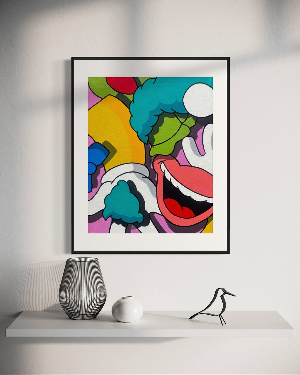 Mockup of an acrylic pop art painting of Krusty the Clown reimagined in deconstructed form, featuring bold colors, abstract cartoon fragments, and expressive shapes. Contemporary Simpsons-inspired artwork by Stimuleye from the Stimsons Collection.