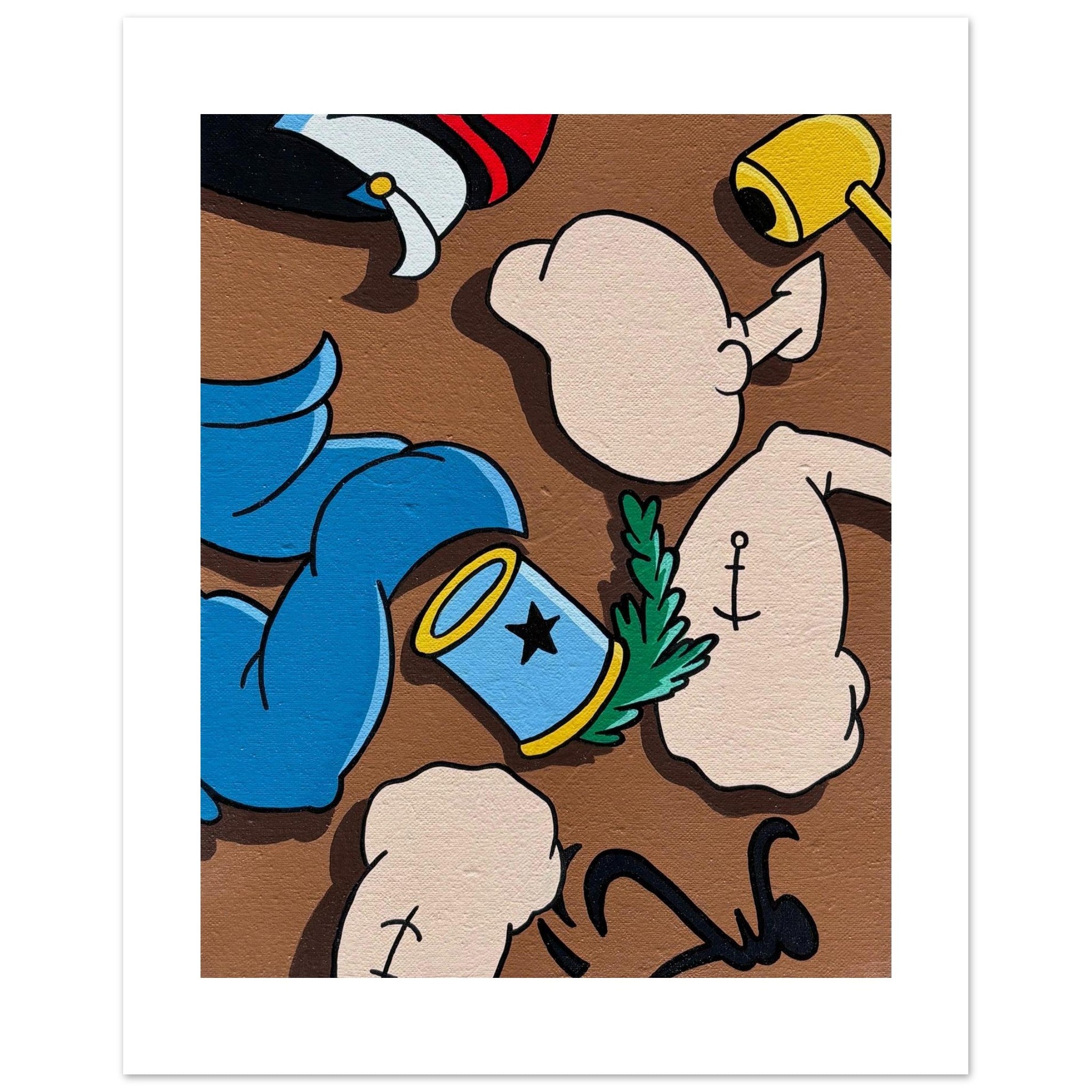 Acrylic pop art painting of Popeye broken into separate pieces, featuring his iconic pipe, sailor hat, and muscular arms on a tan background. Deconstructed and reimagined by Stimuleye as part of the Deconstructed Series.