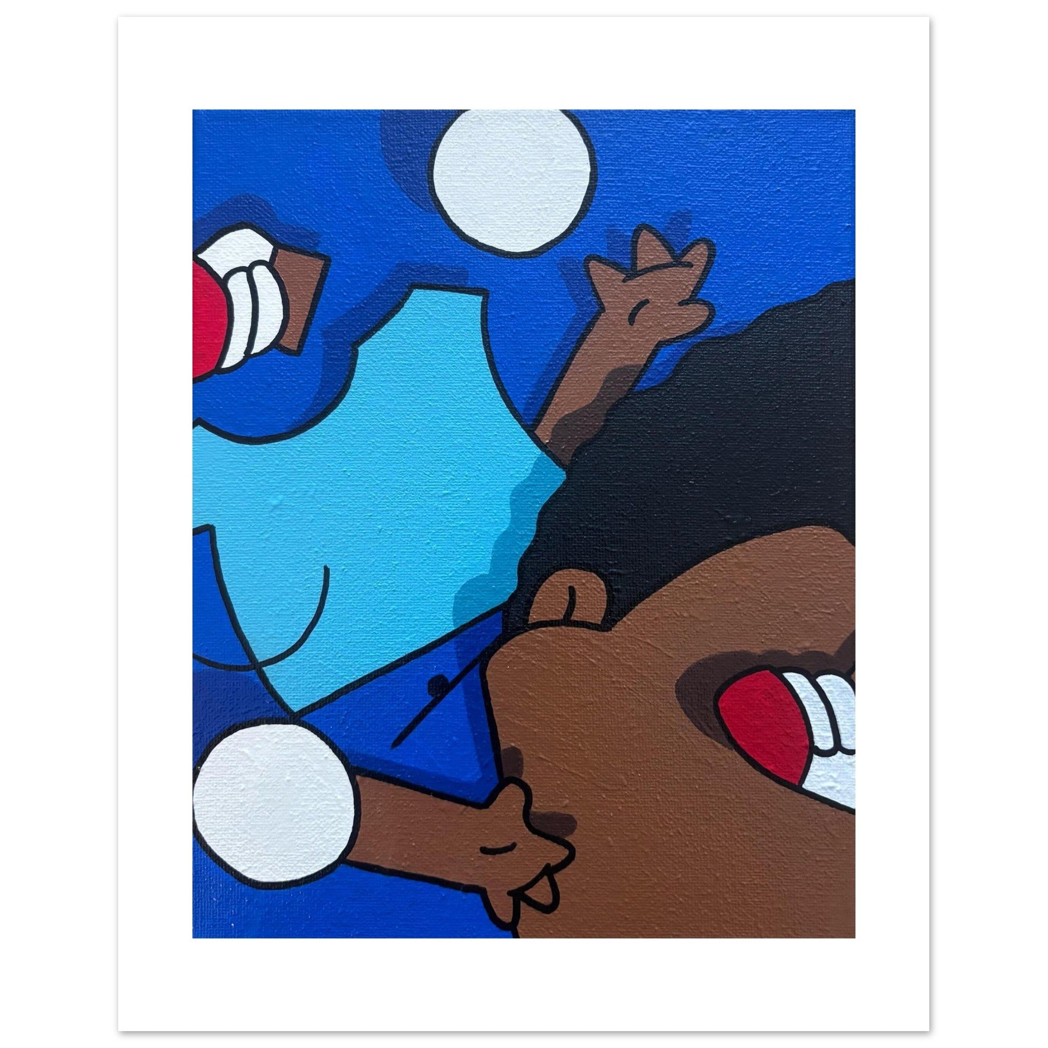 Deconstructed pop art print of Rallo Tubbs in blue and brown tones by Stimuleye Arts.