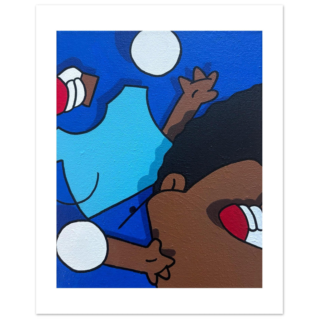 Deconstructed pop art print of Rallo Tubbs in blue and brown tones by Stimuleye Arts.