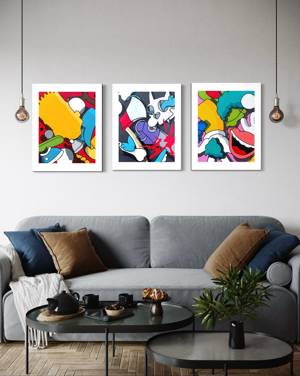 Modern living room with a gray sofa, colorful abstract art on the wall, and a coffee table.