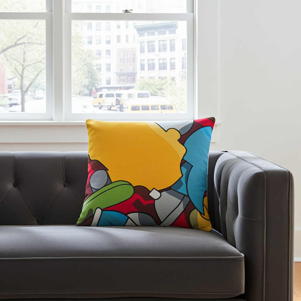 Simpsons abstract 18x18 pillow on a gray sofa with a window in the background