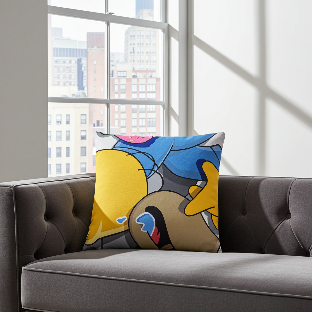 Colorful Pop Art pillow on a gray sofa with a cityscape in the background
