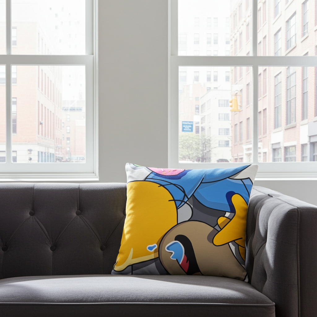 Colorful abstract Pop Art pillow on a gray sofa with large windows in the background