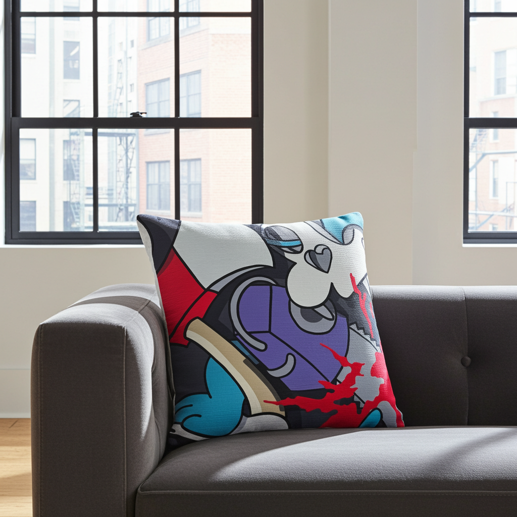 Colorful Itchy and Scatchy abstract pillow on a gray sofa in a room with large windows.