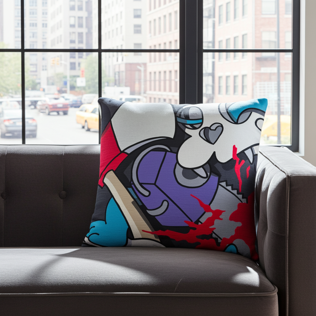 Colorful pillow with a cartoon character on a gray sofa in a room with large windows.