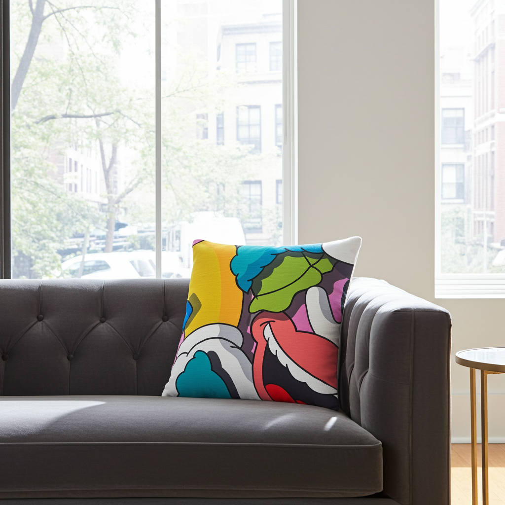Colorful abstract pillow on a gray sofa in a room with large windows.