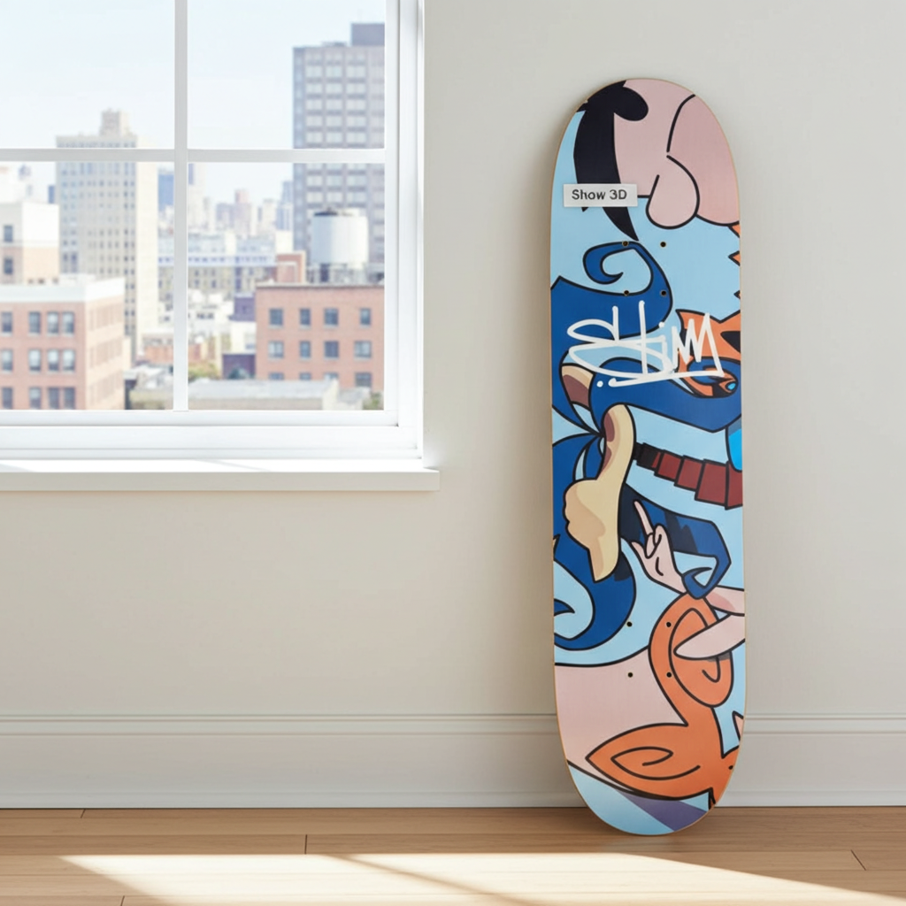 Colorful skateboard deck with abstract design leaning against a wall near a window with a cityscape view.