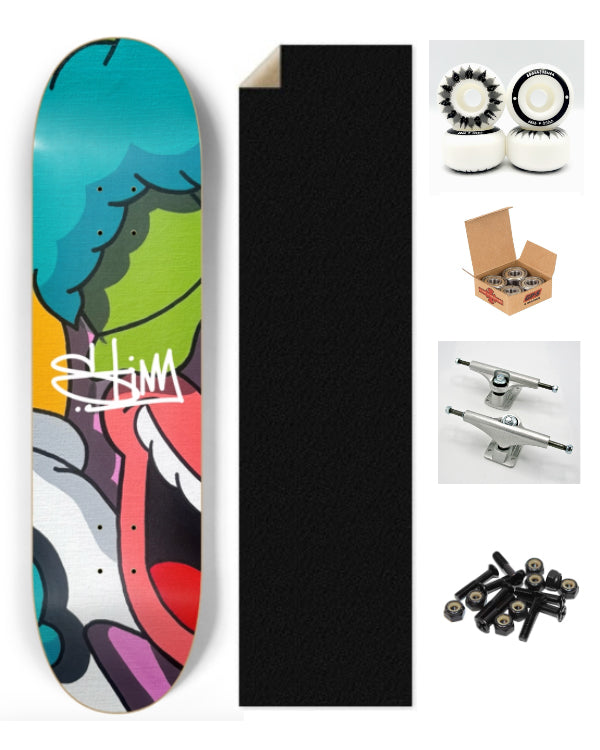 Conmplete Setup and The Stimsons Krusty skateboard showcasing a glitch-style, colorful pop art clown design on a limited edition maple deck.