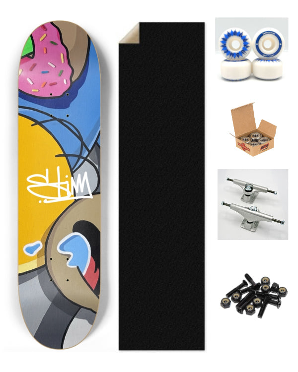Homer Simpson Skateboard deck by Stimuleye with colorful design, grip tape, bearings, and trucks on a white background