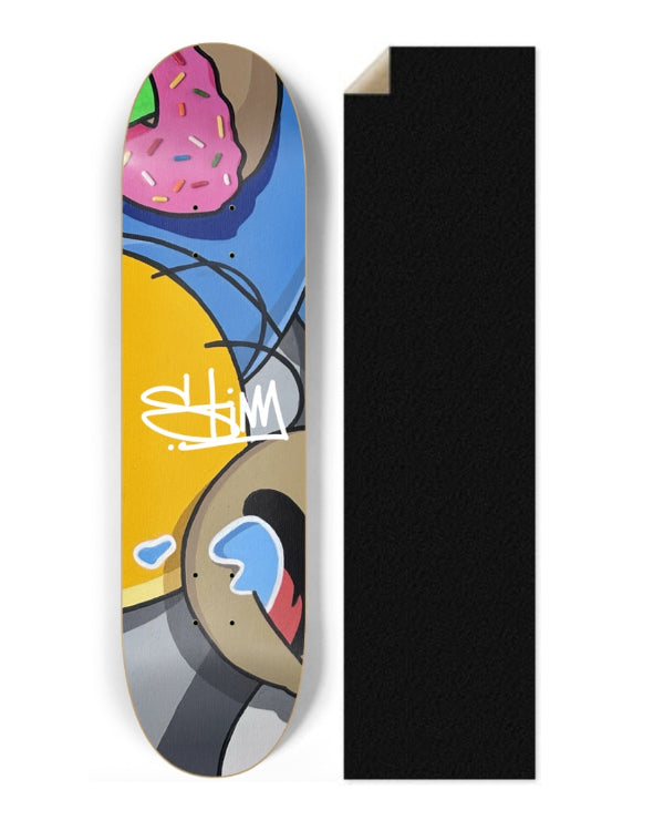 Homer Simpson Skateboard deck with colorful design and black grip tape on a white background