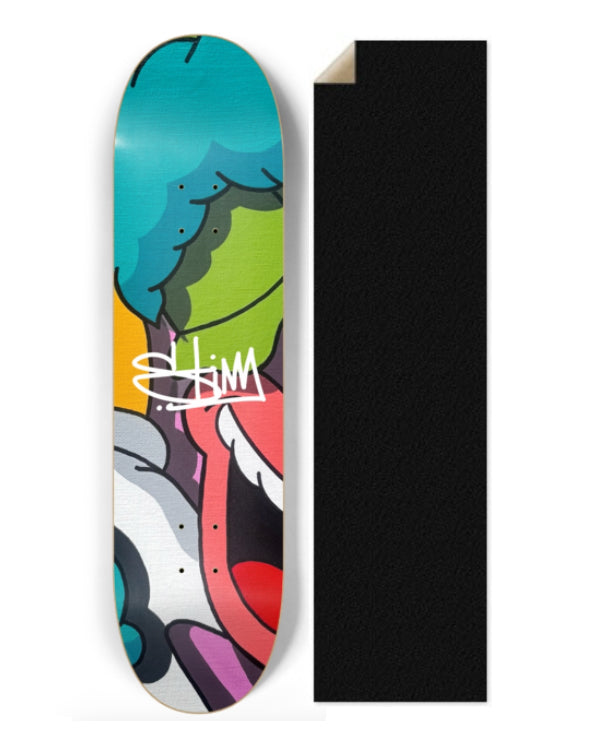 Griptape and The Stimsons Krusty skateboard and showcasing a glitch-style, colorful pop art clown design on a limited edition maple deck.