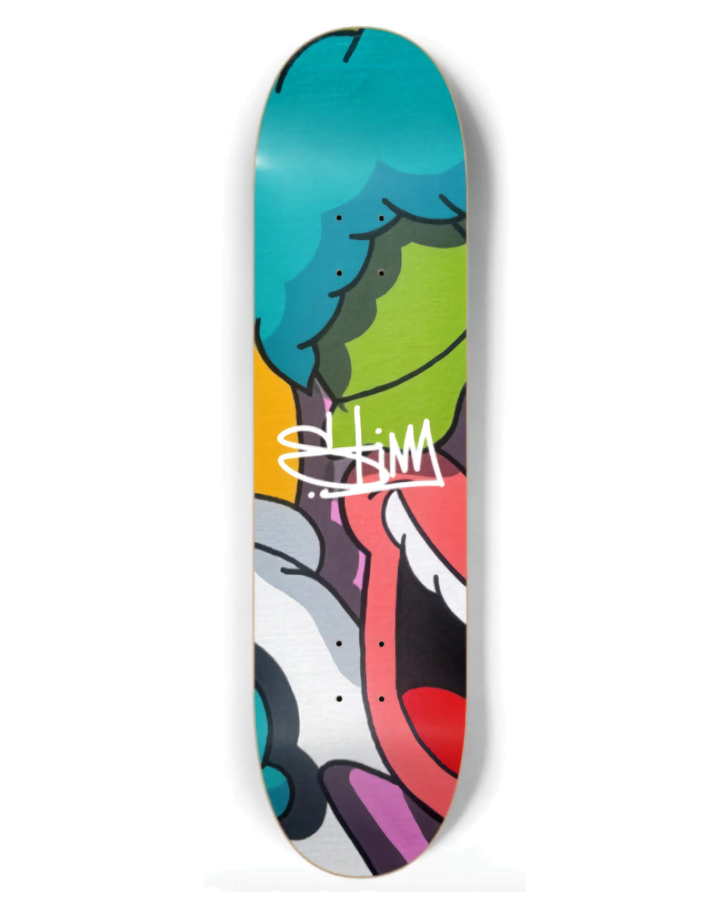 The Stimsons Krusty skateboard showcasing a glitch-style, colorful pop art clown design on a limited edition maple deck.