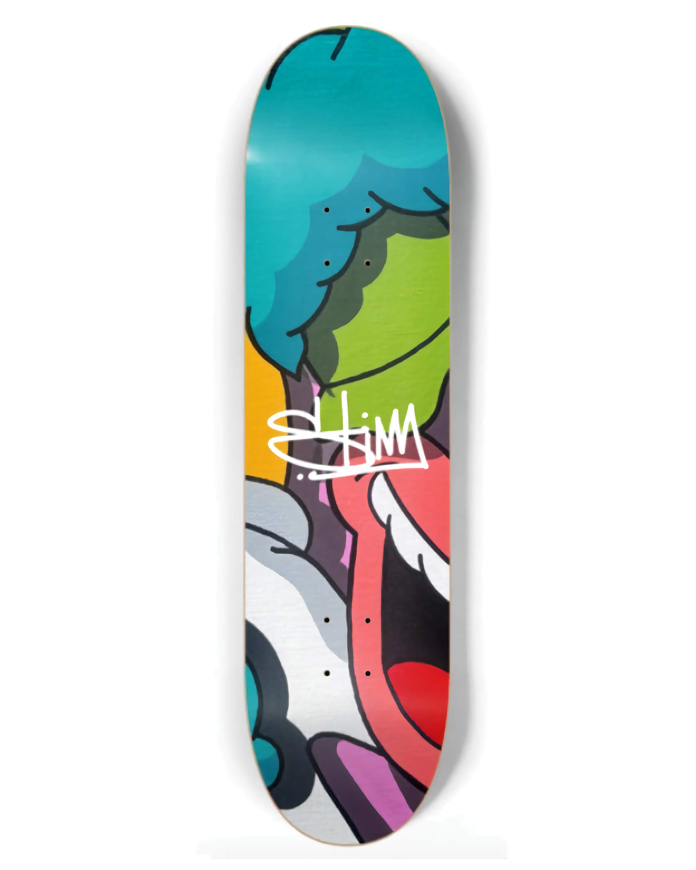 The Stimsons Krusty skateboard showcasing a glitch-style, colorful pop art clown design on a limited edition maple deck.