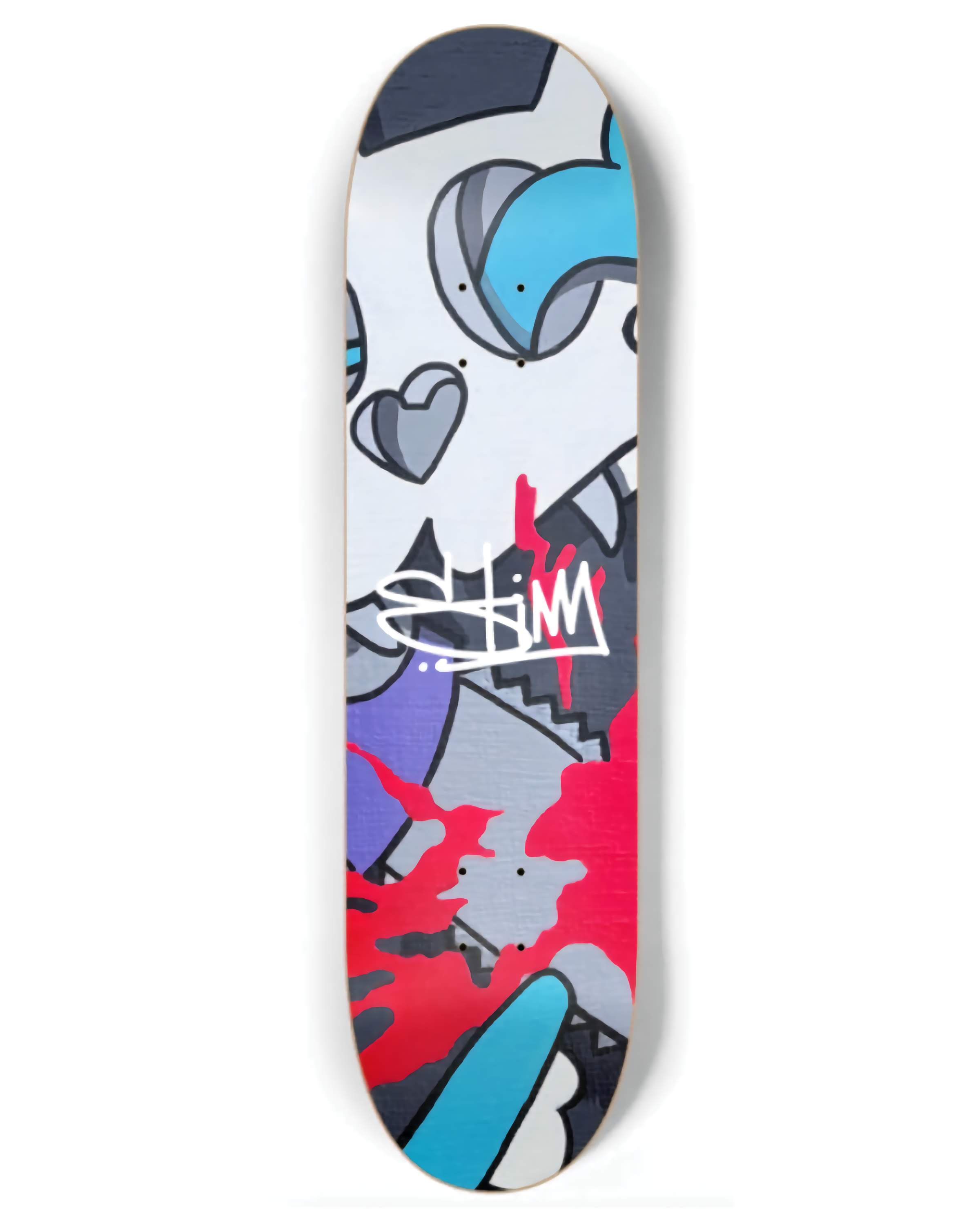 The Stimsons Itchy & Scratchy skateboard with a chaotic, fractured cartoon duo design on a limited edition 8.25-inch deck.