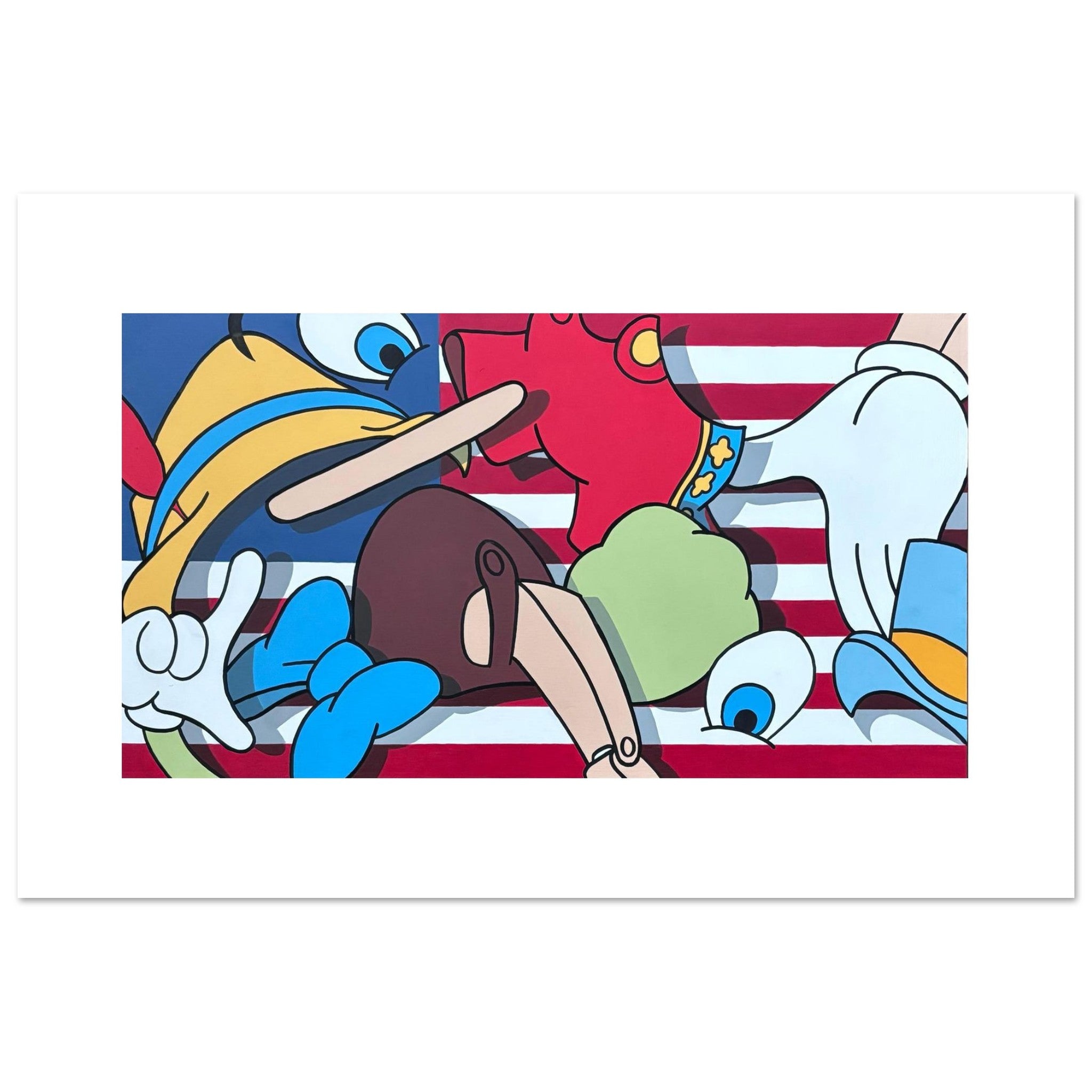 Cartoon character with colorful design on a red, white, and blue striped background