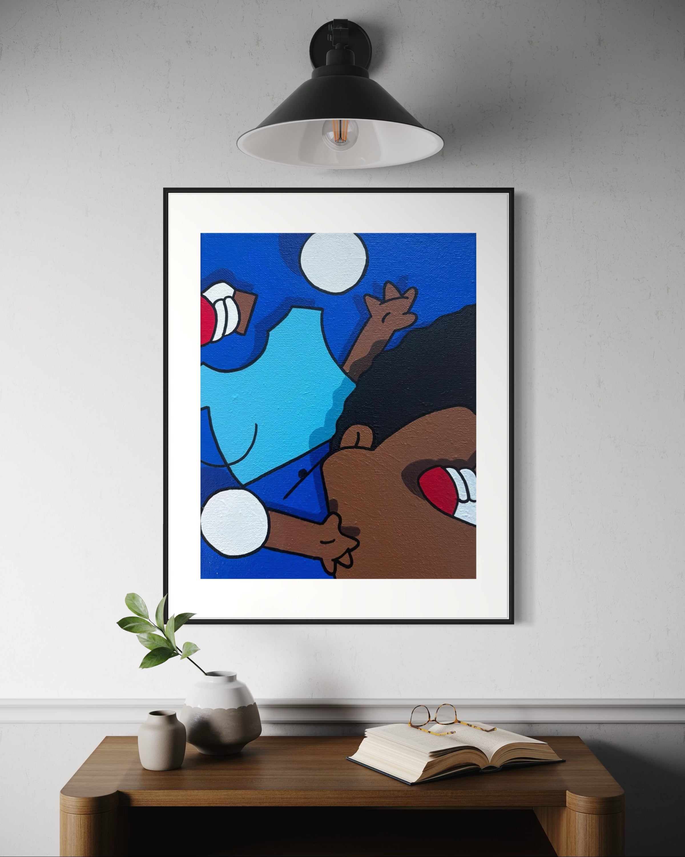 Mockup Photo - Deconstructed pop art print of Rallo Tubbs in blue and brown tones by Stimuleye Arts.
