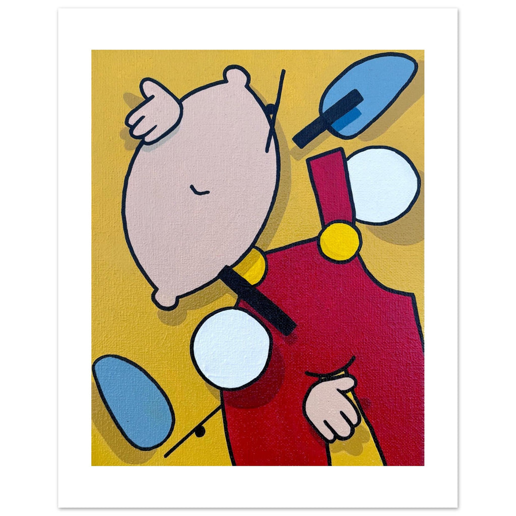 Deconstructed pop art print of Stewie Griffin in yellow and red tones by Stimuleye Arts.