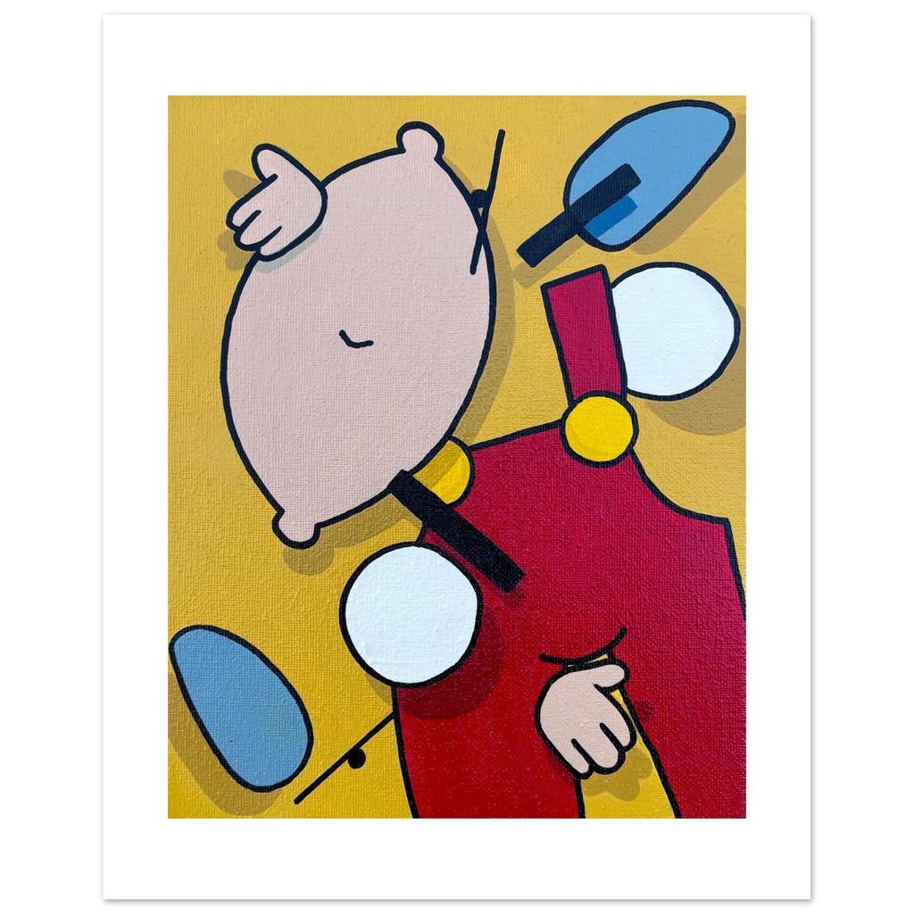 Deconstructed pop art print of Stewie Griffin in yellow, blue and red tones by Stimuleye Arts