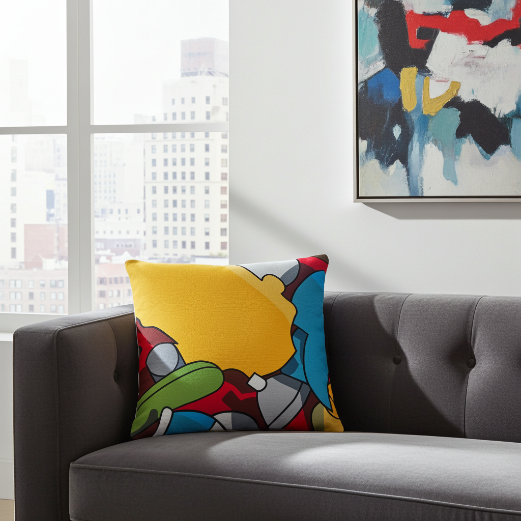 Colorful abstract pillow from Stimuleye's Stimson collection on a gray sofa with a cityscape view through the window.