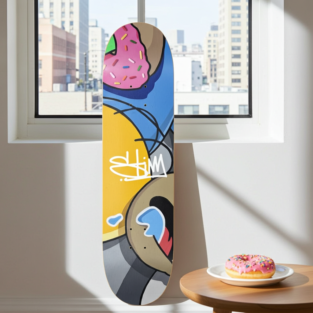 The Stimsons linited edition Homer deck with abstract design leaning against a wall next to a small table with a donut.