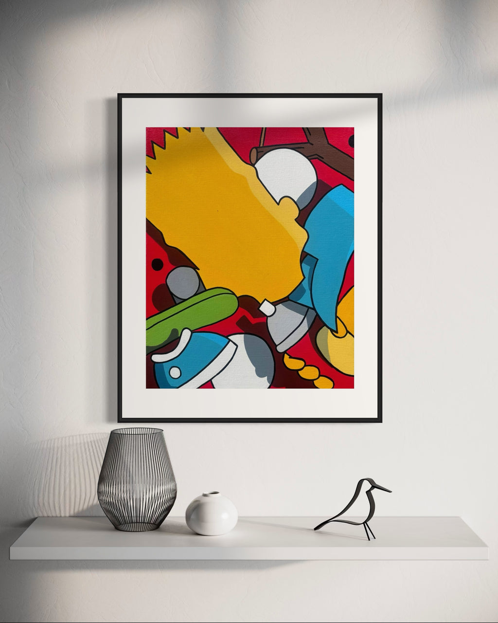 Mockup - Acrylic pop art painting of a deconstructed Bart Simpson, showing fragmented shapes in yellow, red, blue, green, and brown. Contemporary cartoon abstraction by Stimuleye from the Stimsons Collection.
