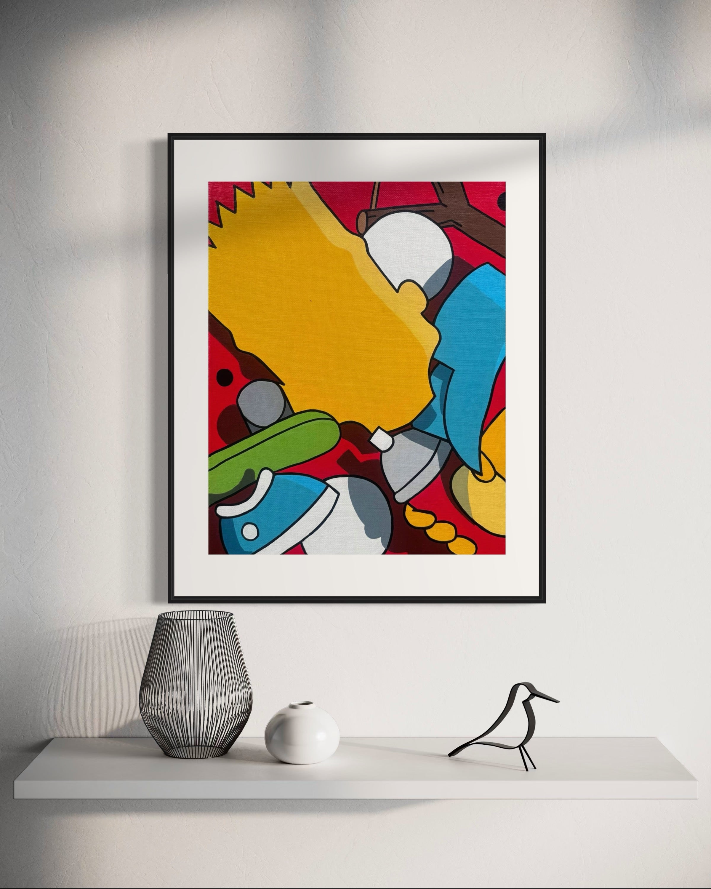 Mockup - Acrylic pop art painting of a deconstructed Bart Simpson, showing fragmented shapes in yellow, red, blue, green, and brown. Contemporary cartoon abstraction by Stimuleye from the Stimsons Collection.