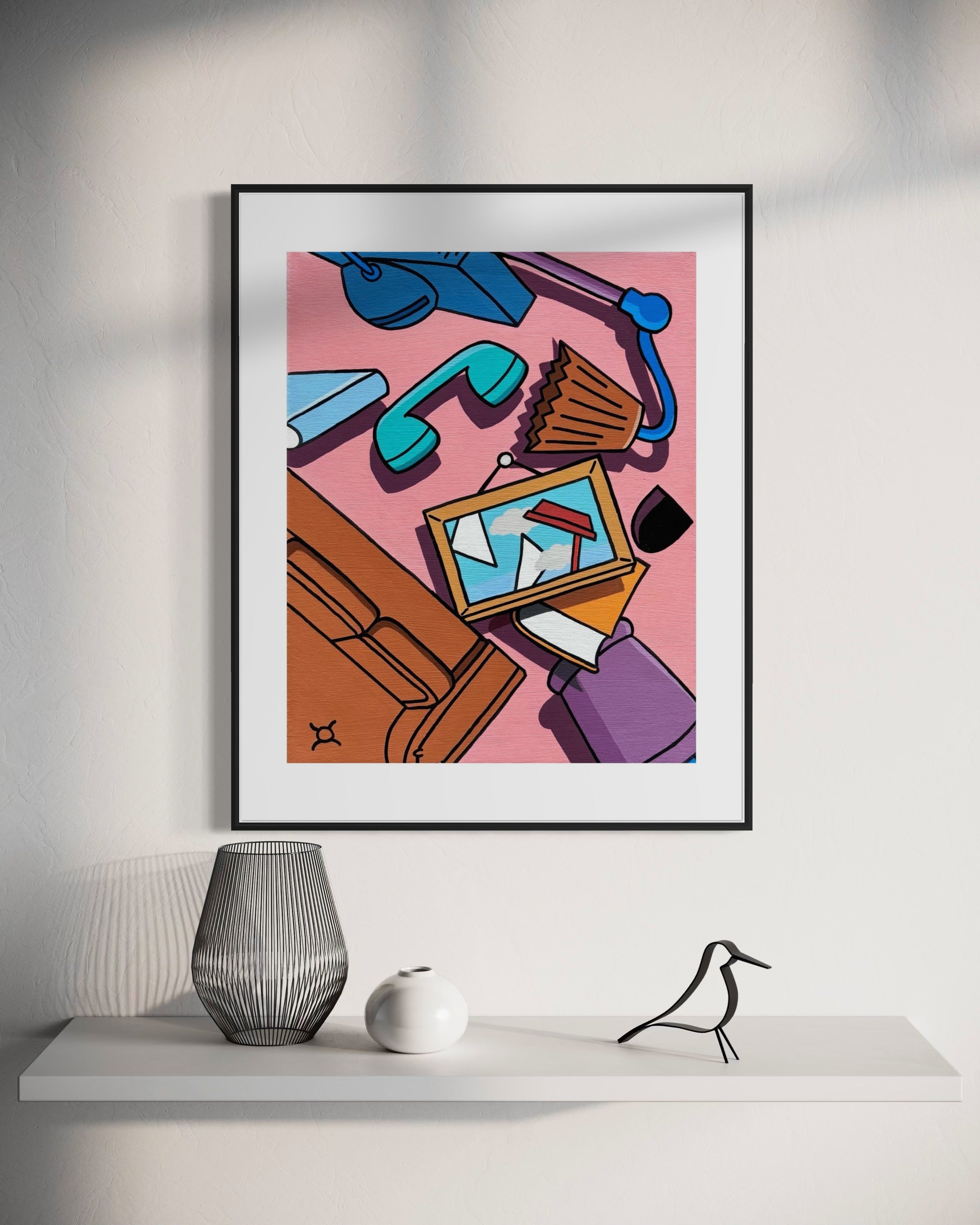 Acrylic pop art painting inspired by The Simpsons living room, showing abstracted household objects like a couch, picture frame, and lamp against a pink background. Nostalgic cartoon deconstruction by Stimuleye from the Stimsons Collection