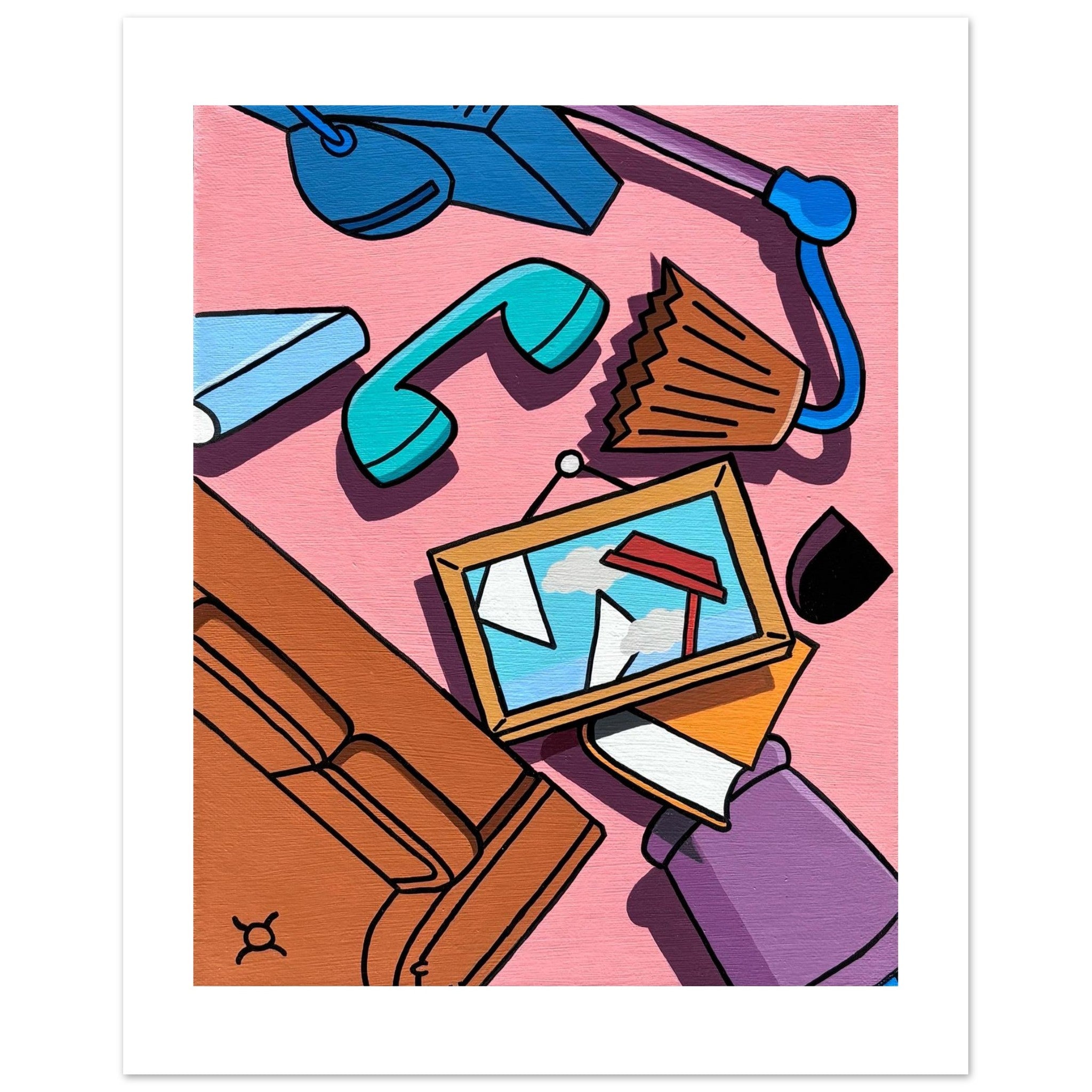 Acrylic pop art painting inspired by The Simpsons living room, showing abstracted household objects like a couch, picture frame, and lamp against a pink background. Nostalgic cartoon deconstruction by Stimuleye from the Stimsons Collection