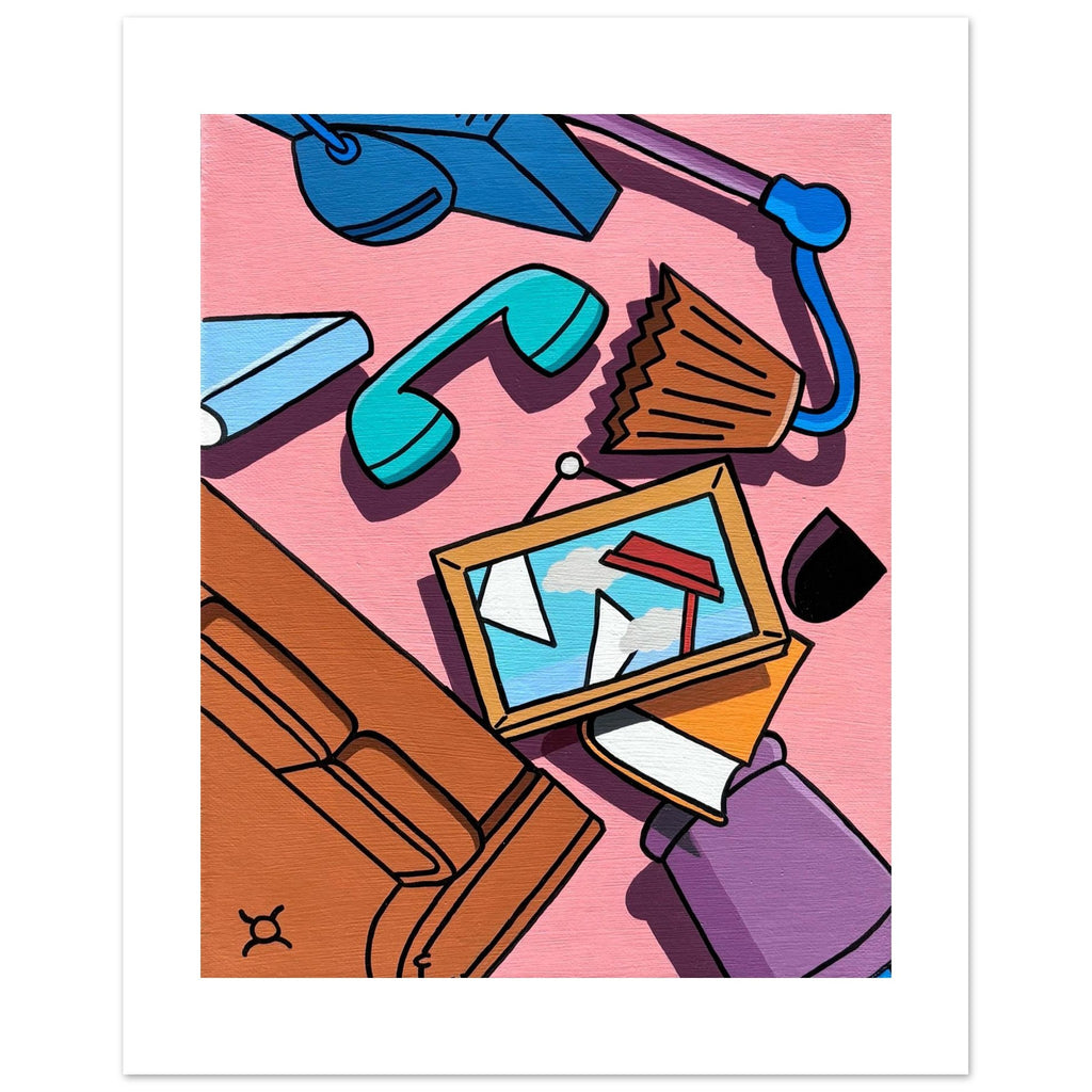 Acrylic pop art painting inspired by The Simpsons living room, showing abstracted household objects like a couch, picture frame, and lamp against a pink background. Nostalgic cartoon deconstruction by Stimuleye from the Stimsons Collection