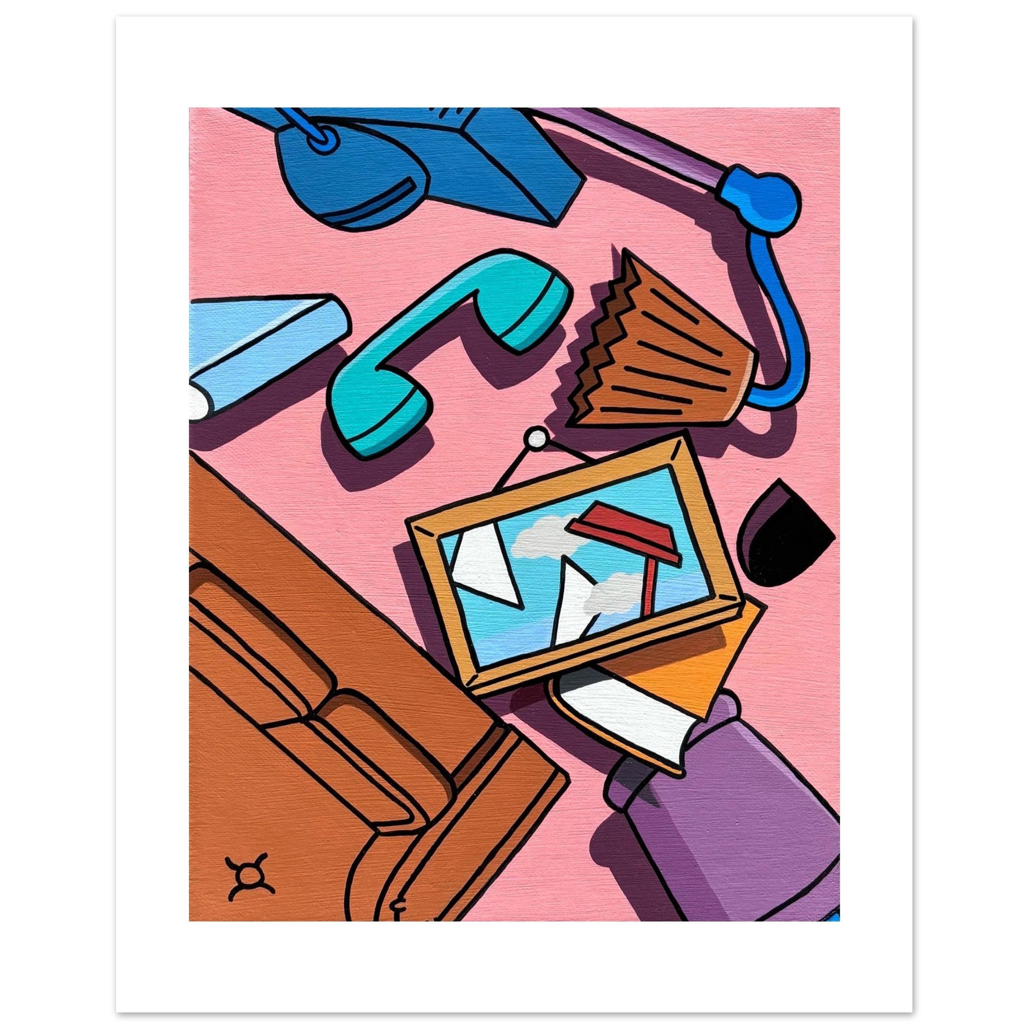 Acrylic pop art painting inspired by The Simpsons living room, showing abstracted household objects like a couch, picture frame, and lamp against a pink background. Nostalgic cartoon deconstruction by Stimuleye from the Stimsons Collection