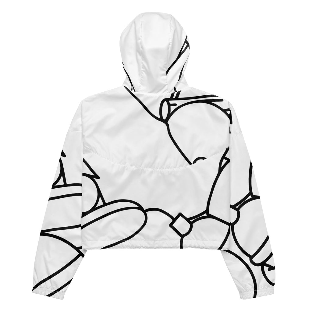 Back view of the women’s cropped windbreaker featuring the Stimsons “Bart” line art graphic.