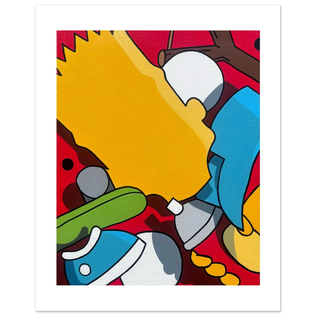 Bart fine art print by Stimuleye with colorful shapes and patterns on a red background