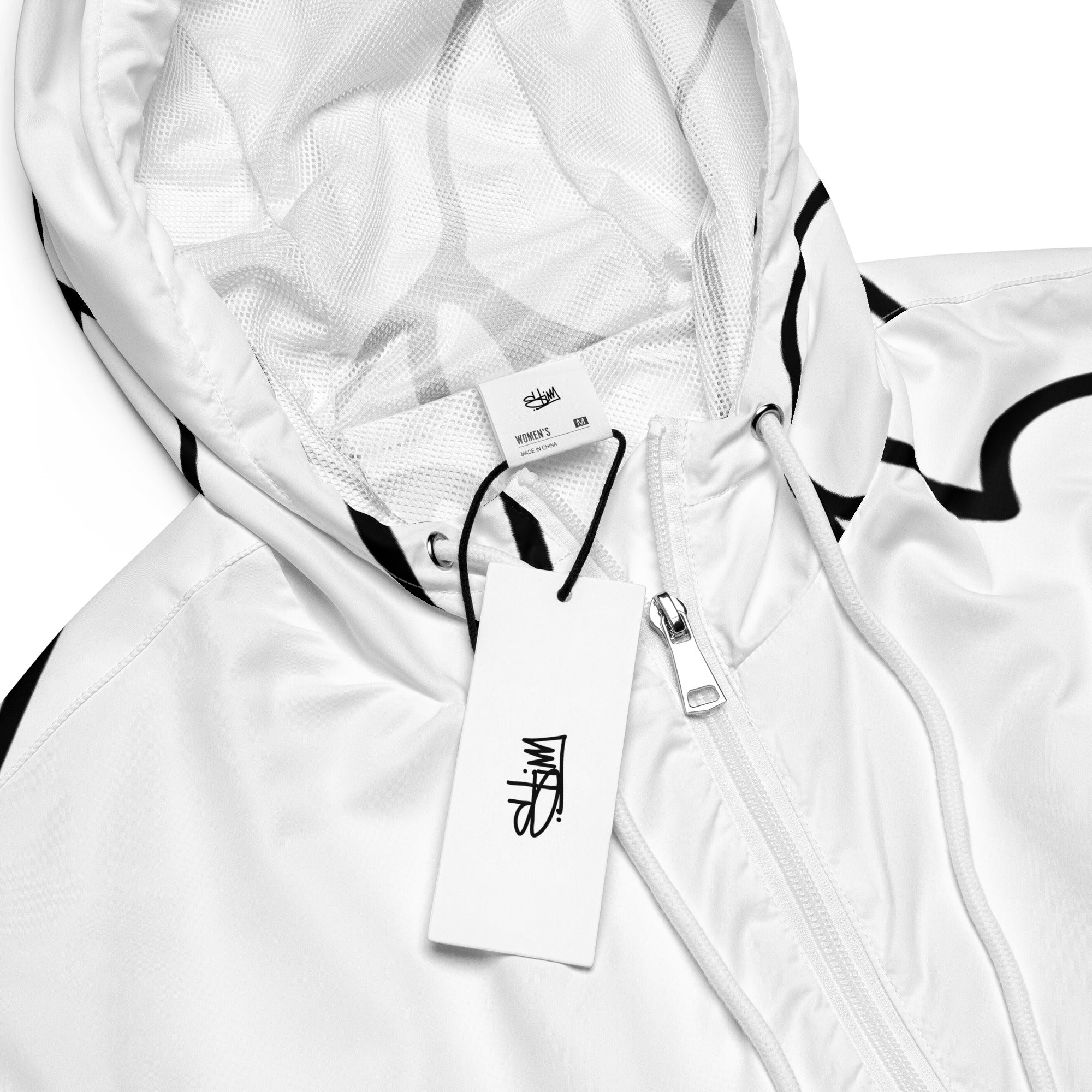 Front view of the Stimsons Bart line art cropped windbreaker for women, showing lightweight water-resistant design and white zipper accents with black Stimuleye branding